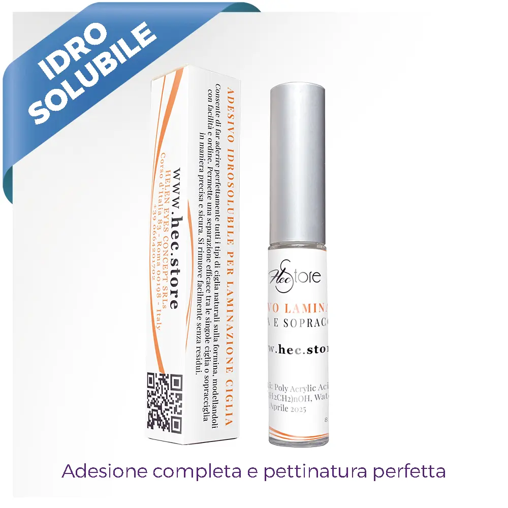 Colla Laminazione Ciglia idrosolubile Contenitore cosmetico verticale color grigio chiaro e arancio con scatolina accanto
