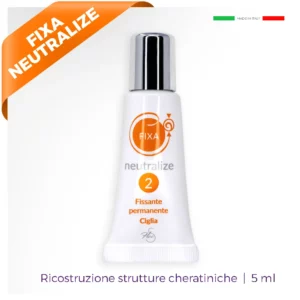 Tubetto cosmetico bianco tappo oro in piedi con scritta arancione Fixa