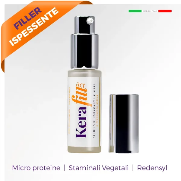 flacone cosmetico verticale in vetro e tappo argento con scritta kerafill