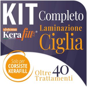 riquadro grafico blu e bianco con scritta Kit Laminazione Ciglia Kerafill
