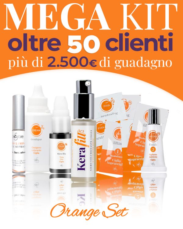 immagine con prodotti kerafill in piedi e una testata arancione con scritta Mega KIT
