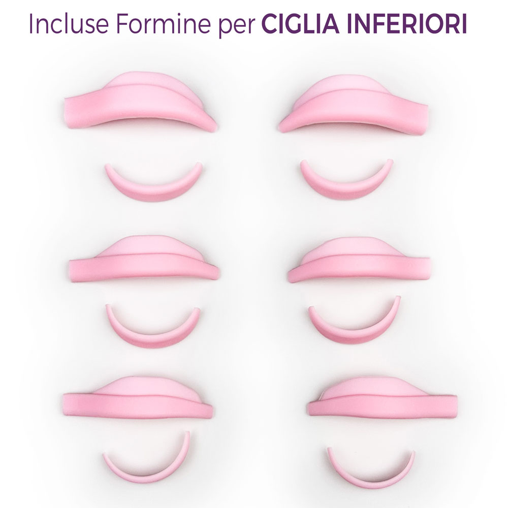 Dolphin-PAD-Bigodini-Silicone-Laminazione-ciglia-inferiori foto di 4 coppie di Dolphin PAD dall'alto - Bigodini Silicone Laminazione ciglia rosa