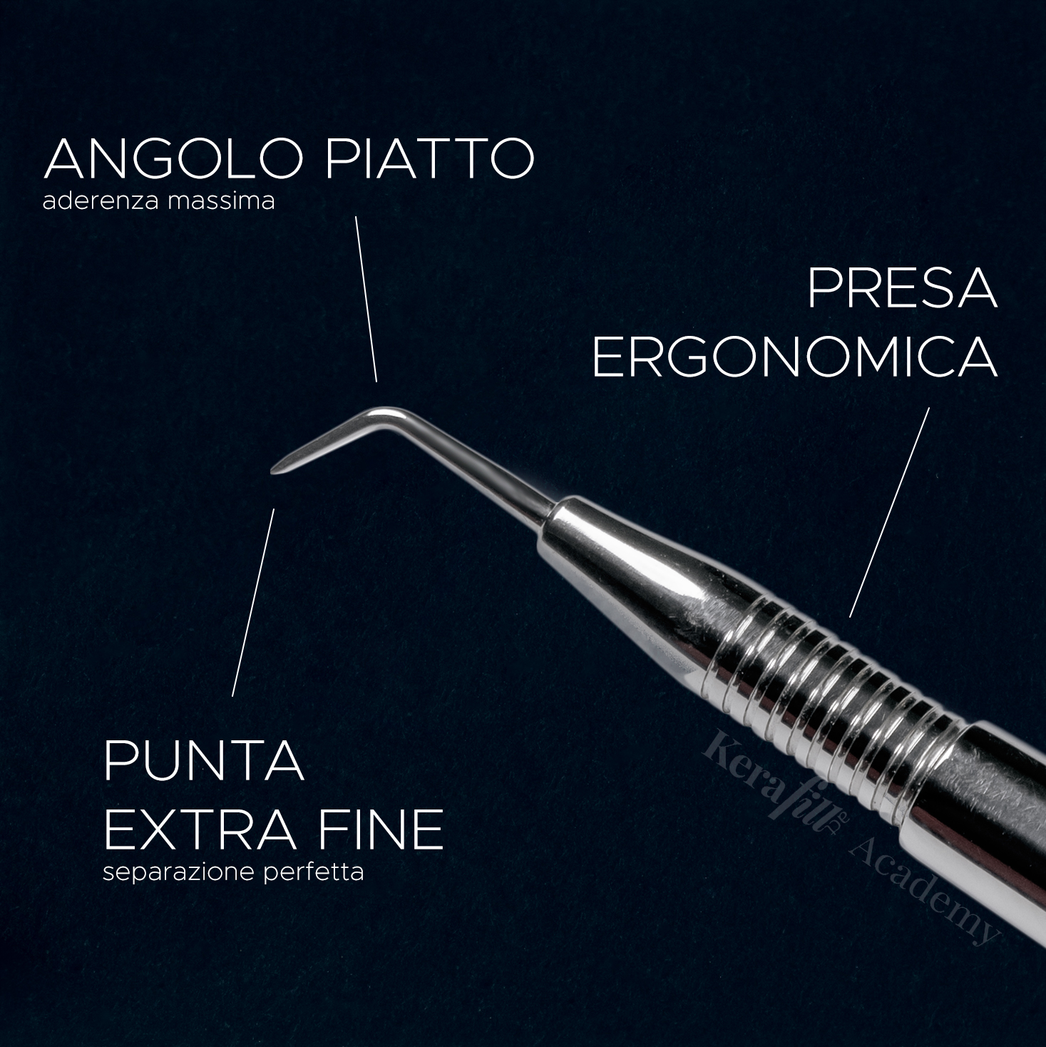 foto della punta a 25 gradi di un sollevatore ciglia con dettagli scritti dei vantaggi