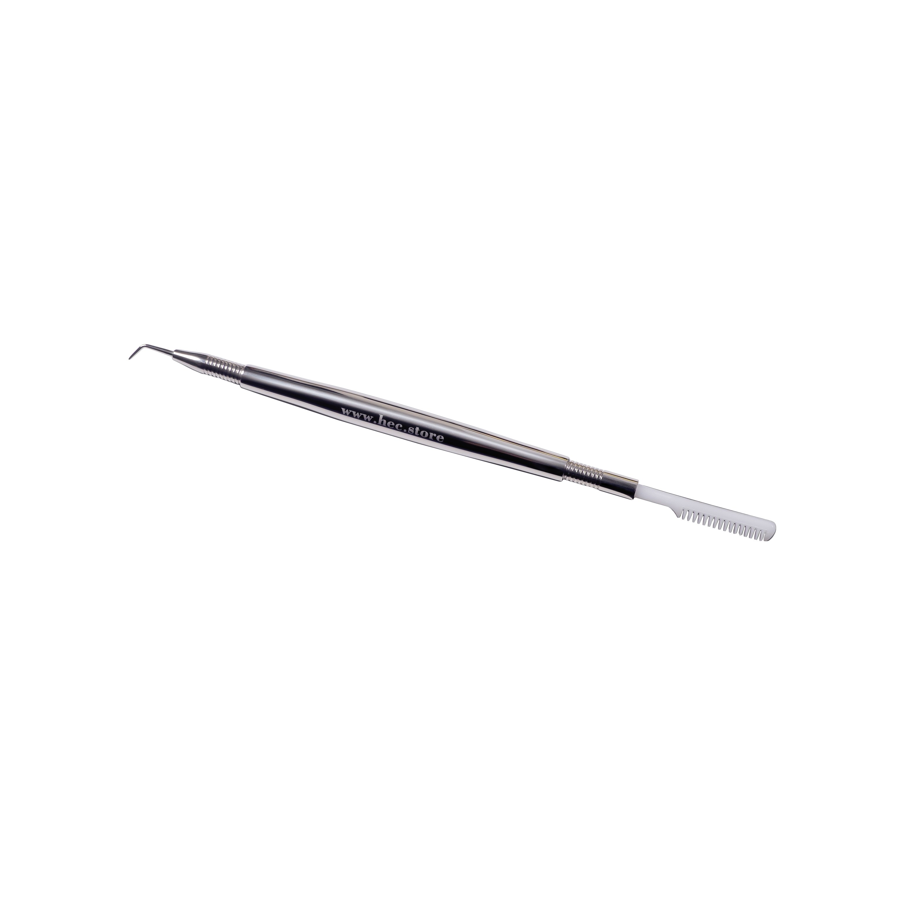 foto completa di un separatore ciglia con punta a 25 gradi e pettinino all'altra estremità