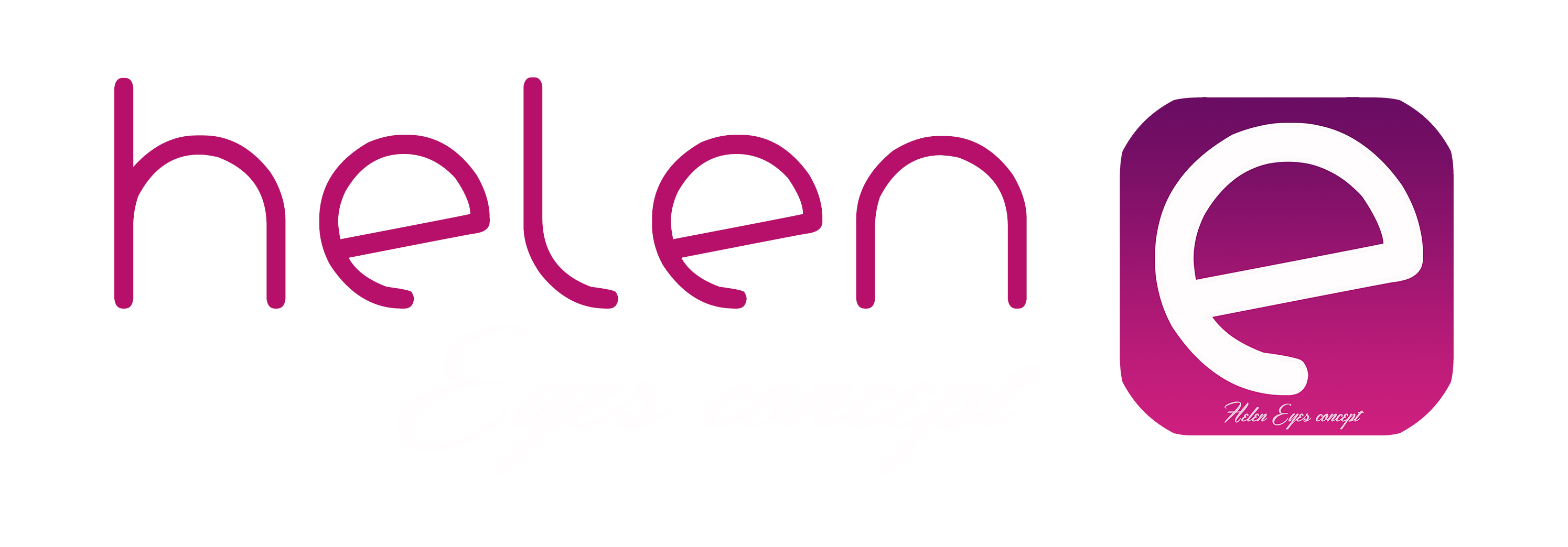 logo con scritta helen color viola e eyes concept color bianco e simbolo accanto con una e stilizzata in un quadrato