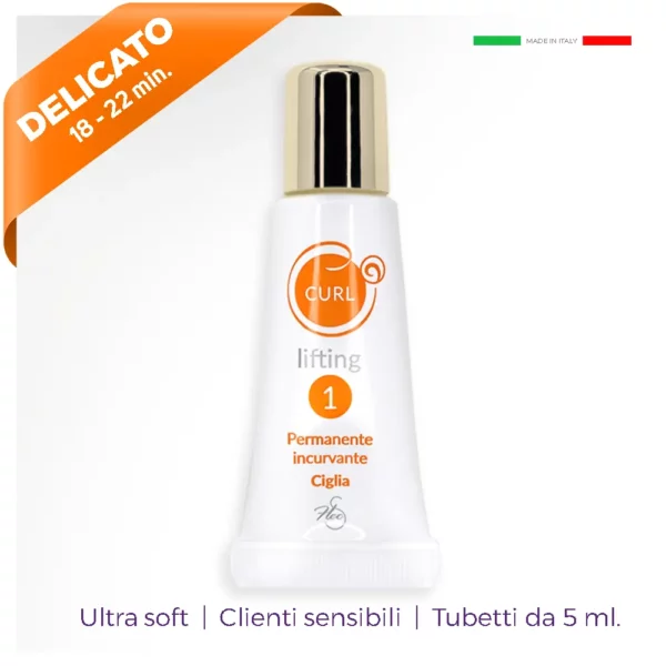 Tubetto cosmetico bianco tappo oro in piedi con scritta arancione