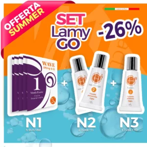 tre prodotti cosmetici in piedi con fondo arancio e viola scuro e scritta -26%