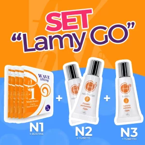 tre prodotti cosmetici in piedi con fondo arancio e celeste con scritta