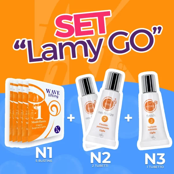 tre prodotti cosmetici in piedi con fondo arancio e celeste con scritta