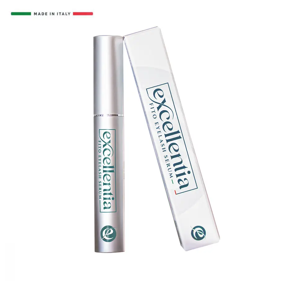 Excellentia Siero ricrescita Ciglia contenitore e scatolina copia contenitore cosmetico siero ciglia argento in piedi con scatolina bianca poggiata accanto