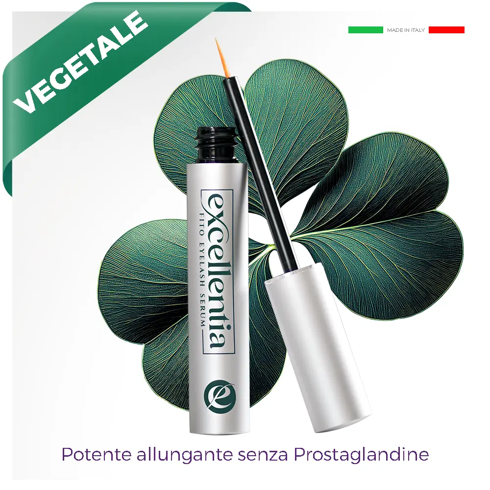 Excellentia Siero ricrescita Ciglia Contenitore cosmetico argento siero con tappo di lato e trifoglio verde dietro