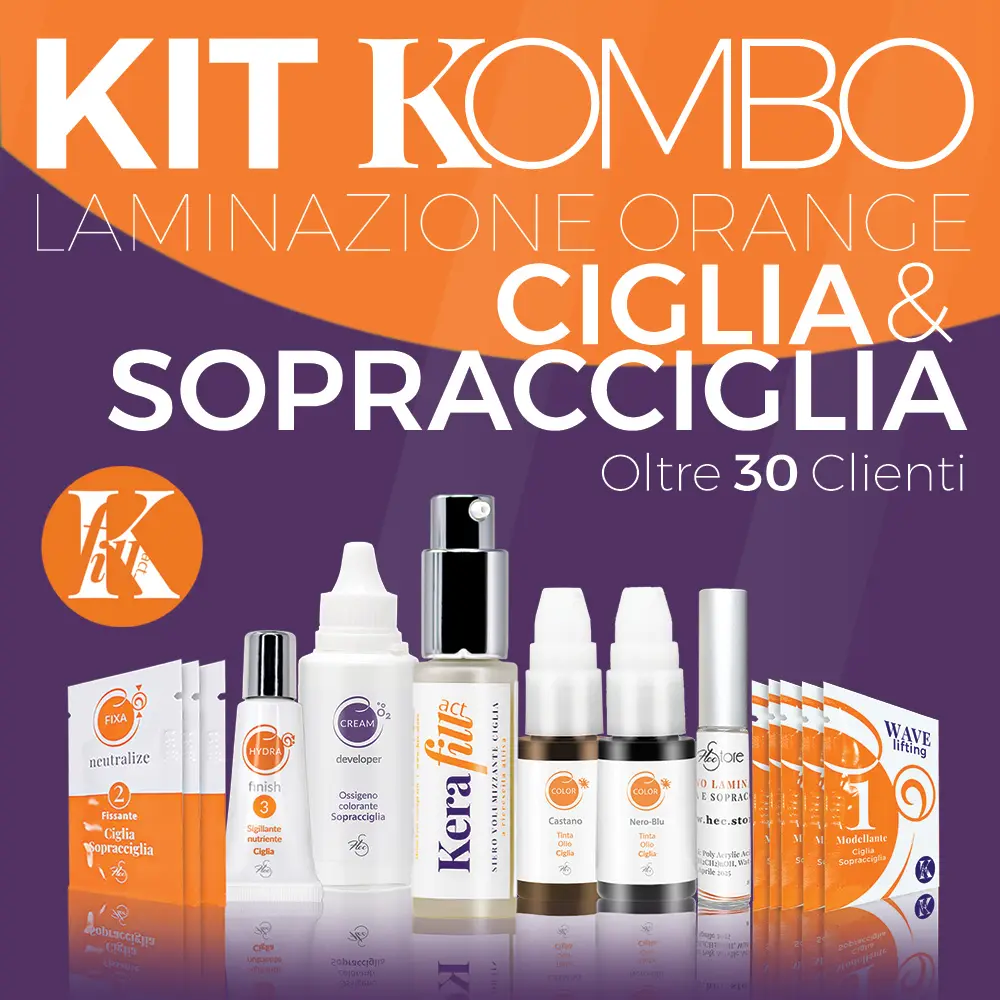 KIT Laminazione Ciglia e Sopracciglia Combo Orange copia prodotti cosmetici in piedi vicini per composizione KIT sfondo arancio e verde