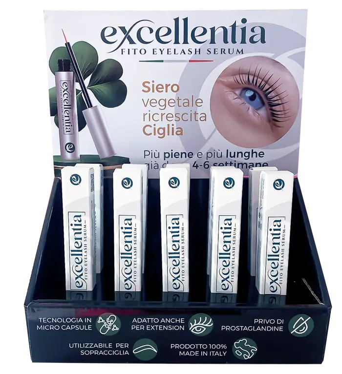 foto di fronte espositore cosmetici con 10 scatoline in piedi dentro color bianco verde e nero