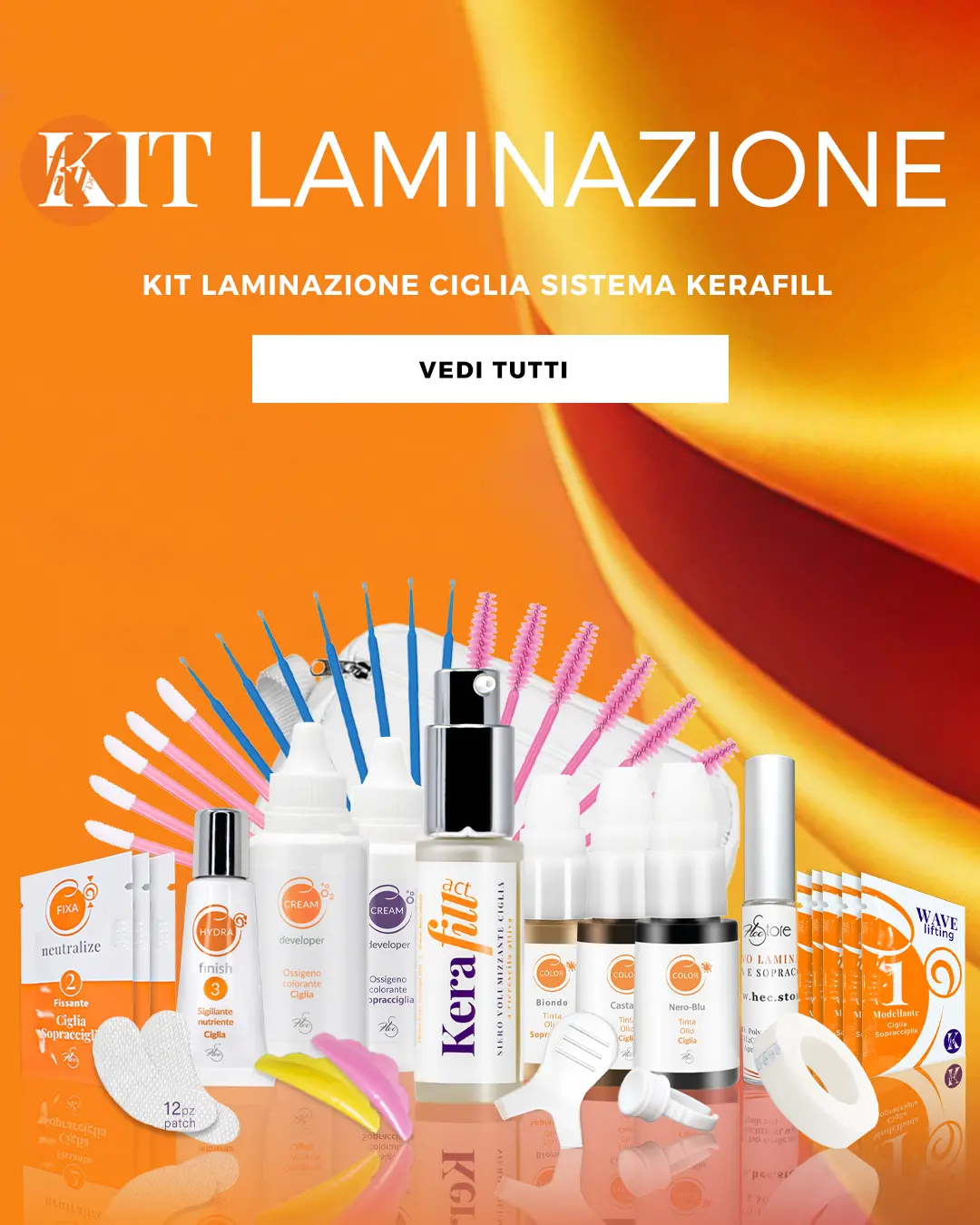 sfondo giallo arancio con pieghe e foto di KIT cosmetici in piedi con scritta kit kerafill
