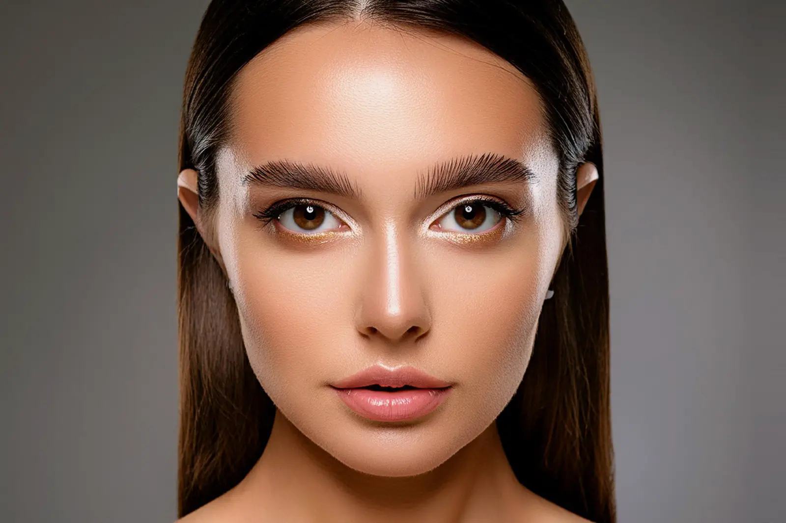 viso di donna capelli lisci e sopracciglia pettinate in evidenza