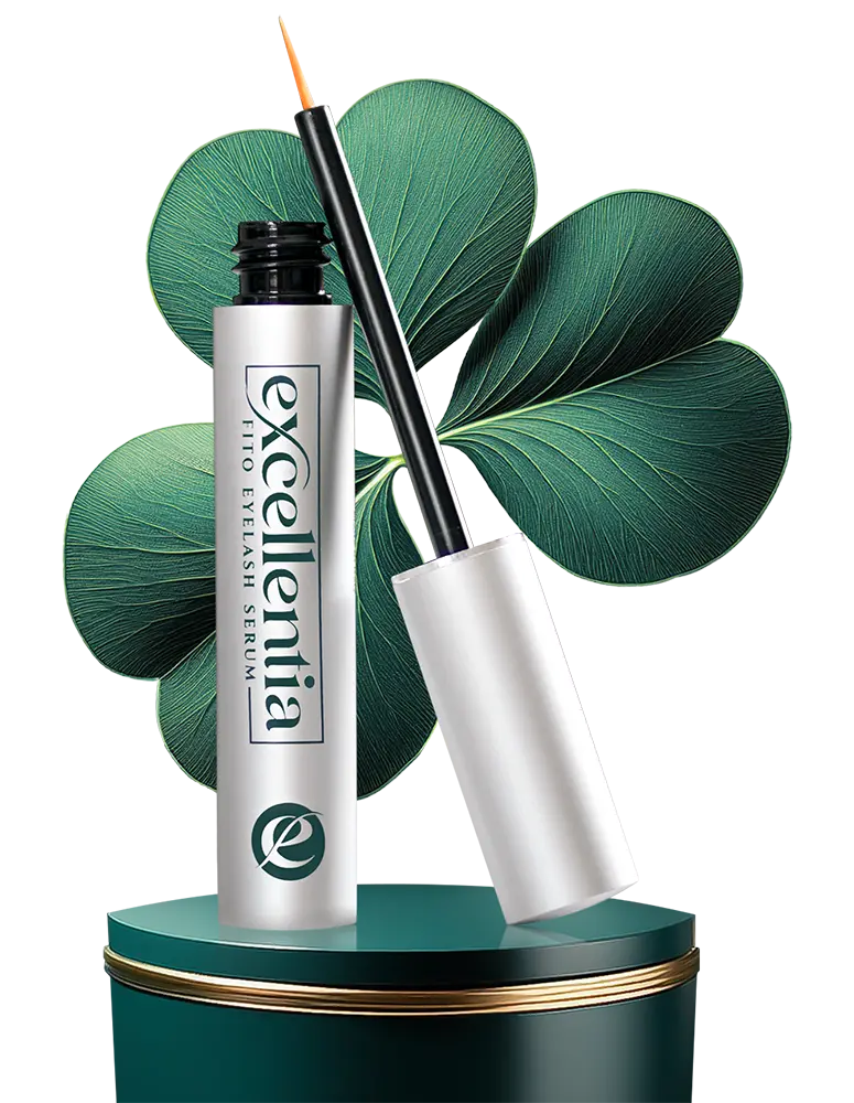 contenitore cosmetico su piedistallo verde con tappo aperto e trifoglio dietro