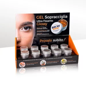 espositore tutto nero con viso di donna disegnato con all'interno 10 barattolini argento di gel sopracciglia