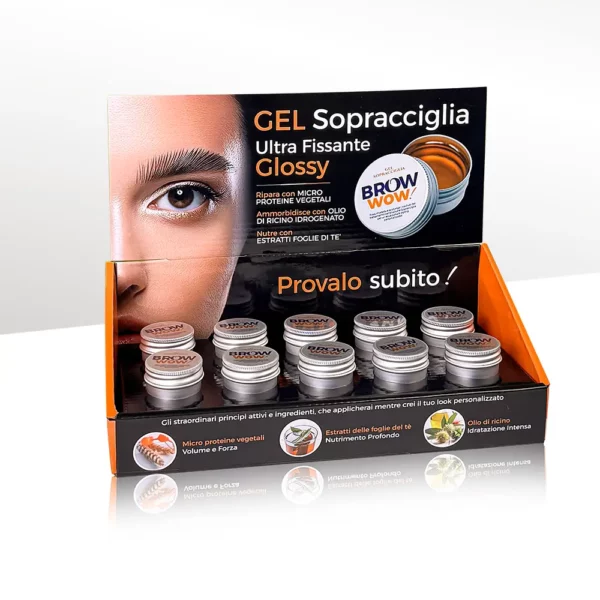 espositore tutto nero con viso di donna disegnato con all'interno 10 barattolini argento di gel sopracciglia