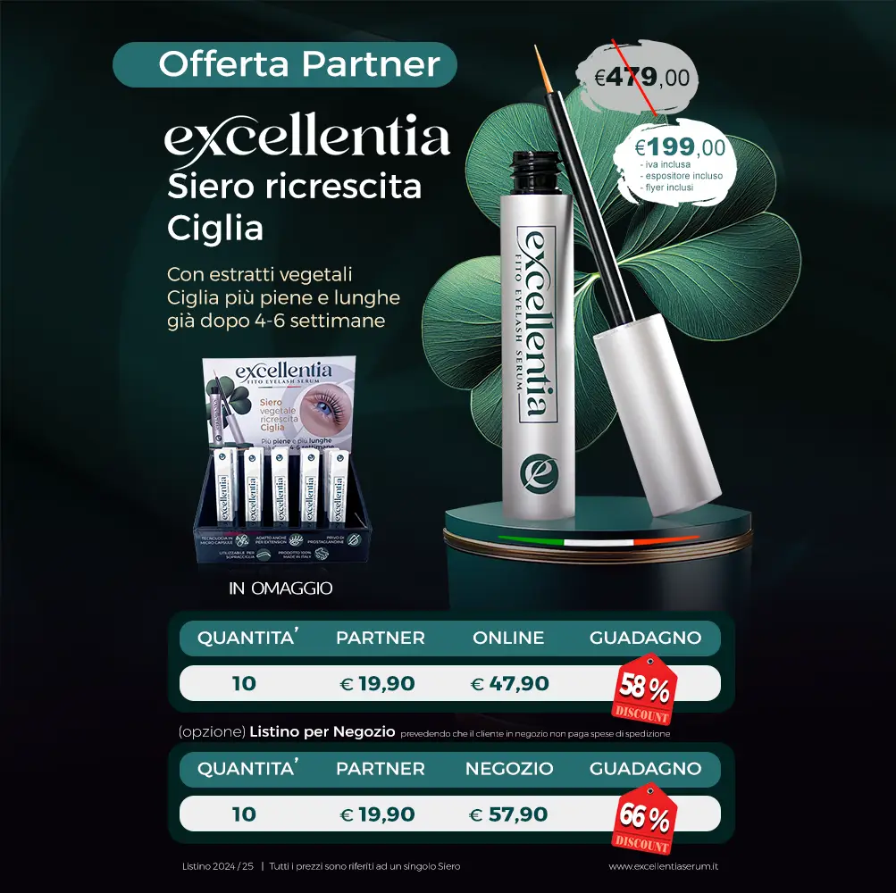 contenitore cosmetico siero ciglia con quadrifoglio verde sullo sfondo e prezzi