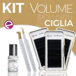 kit corso extension ciglia volume composizione prodotti cosmetici in piedi tre scatoline e 2 pinzette su fondo oro