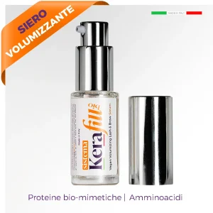 kerafill bio siero volumizzante ciglia cosmetico bottiglietta in piedi con tappo di lato color argento e scritta arancio