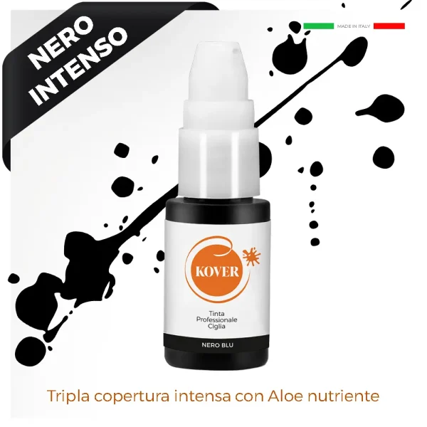 contenitore tinta ciglia nero con scritta arancio e tappo bianco con splash nero grande dietro