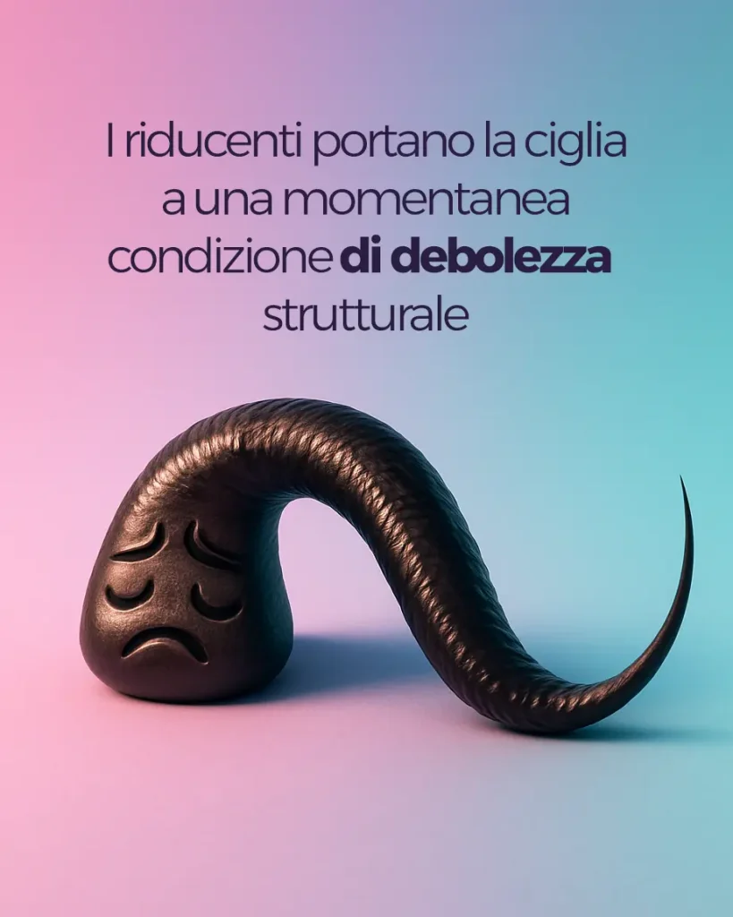 ciglia 3D piegata con viso triste sfondo color rosa turchese e scritta