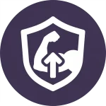 icona tonda viola raffigurante muscolo braccio dentro scudo