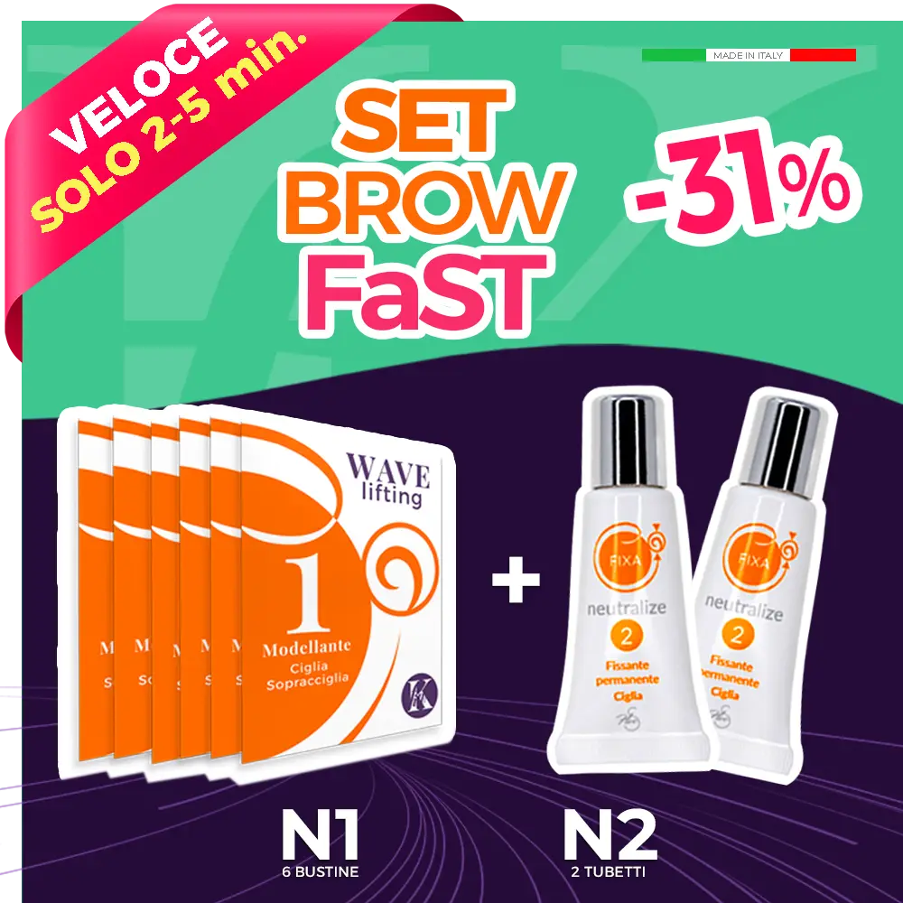 set brow fast offerta scritta rossa con 2 prodotti cosmetici in rilievo su fondo verde viola