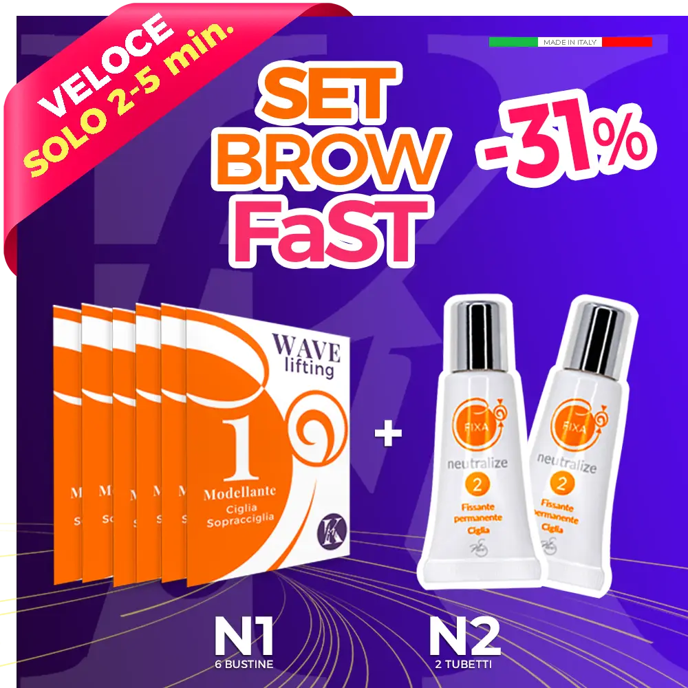 Set Brow Fast Laminazione Sopracciglia scritta rossa con 2 prodotti cosmetici in rilievo su fondo viola