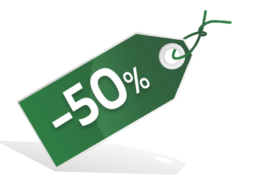 cartellino stilizzato con filo e scritta 50% off