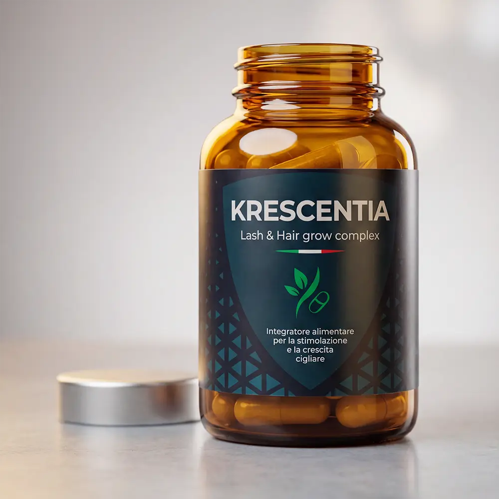 flacone in vetro ambrato etichetta verde in piedi con tappo sul tavolo