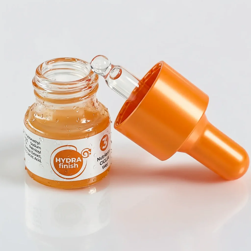 Foto contenitore basso cosmetico con pompetta dosatore di lato aperto color arancio ed effetto 3D flusso