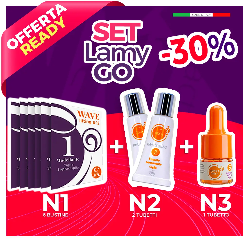 tre prodotti cosmetici in piedi con fondo Viola e rosso e scritta -30%