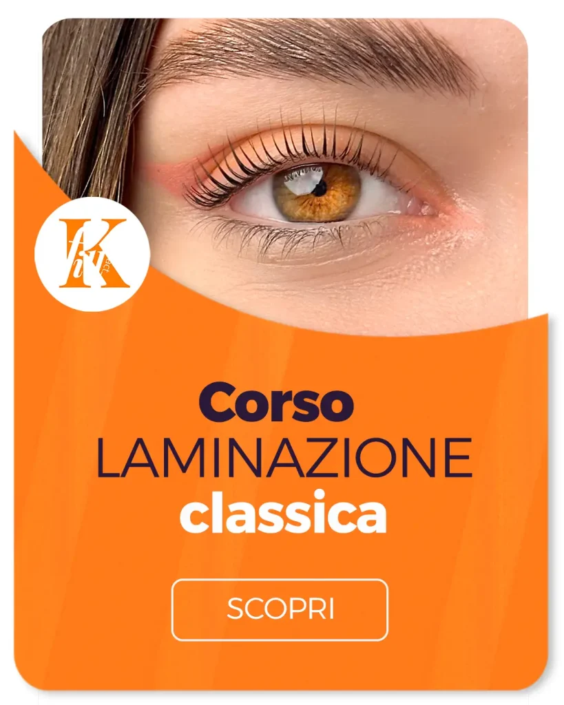 rettangolo arangio con foto occhio e scritta corso laminazione in bianco