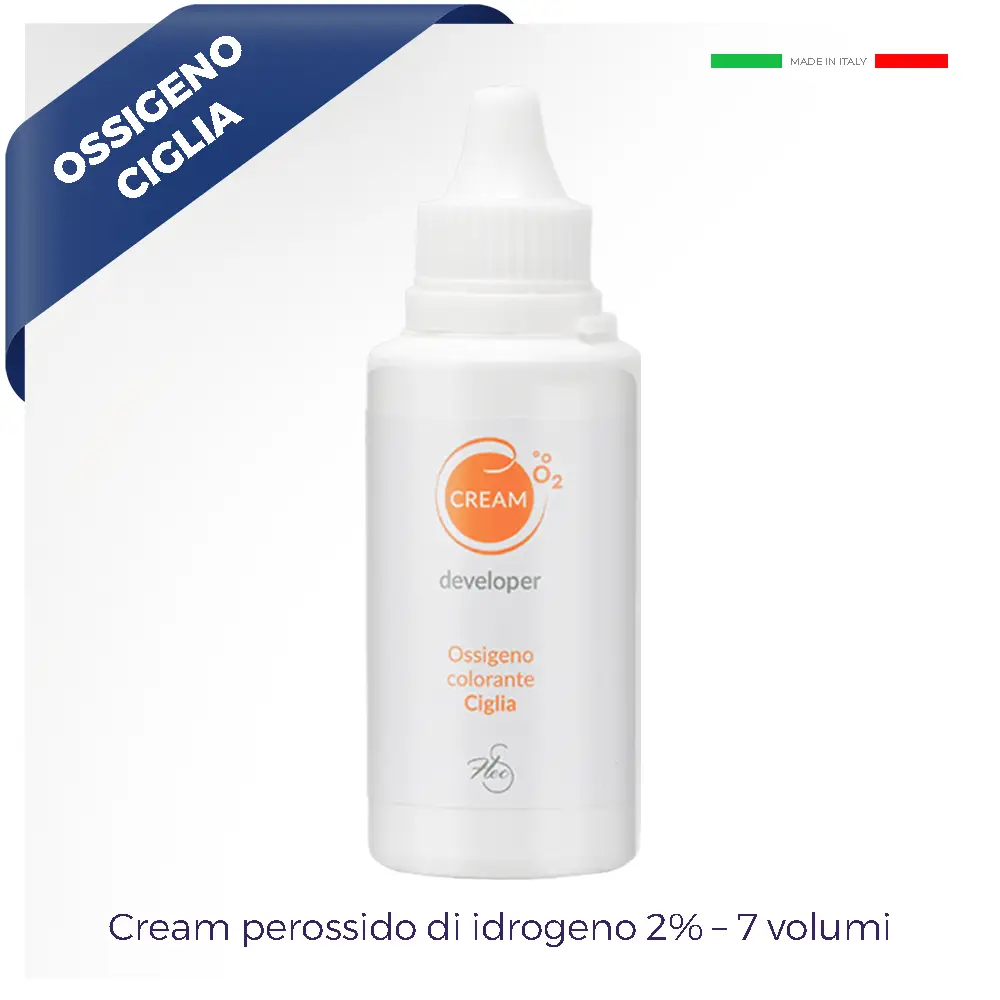 contenitore cosmetico bianco in piedi con bollino arancione al centro