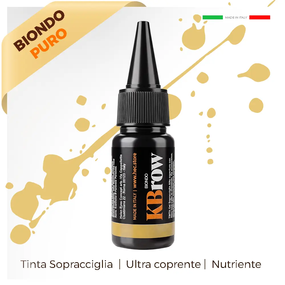 tinta laminazione sopracciglia biondo contenitore cosmetico nero con scritta arancio e bianco con splash color biondo dietro
