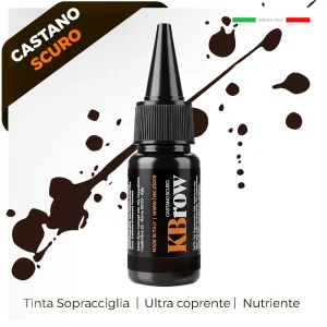 contenitore cosmetico nero con scritta arancio e bianco con splash color castano scuro dietro