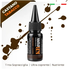 contenitore cosmetico nero con scritta arancio e bianco con splash color tabacco dietro